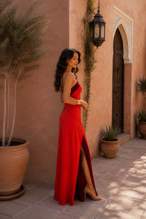 Vestido Sira · Largo halter con abertura