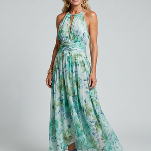 Vestido Noelia · Maxi floral plisado de cuello halter