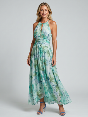 Vestido Noelia · Maxi floral plisado de cuello halter