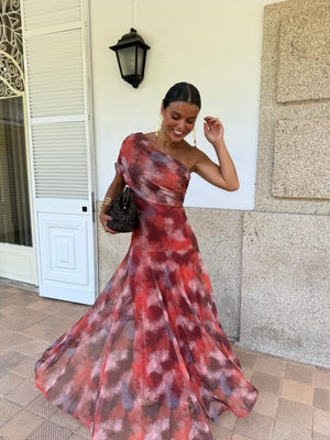 Vestido Soleá · Largo de hombros caídos en acuarela floral