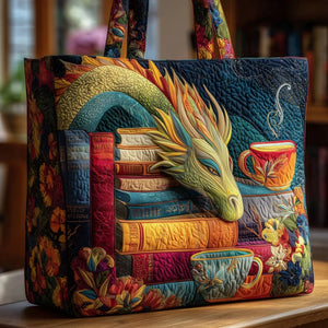 Bolso artesanal - Dragón que Lee Libros y Tazas