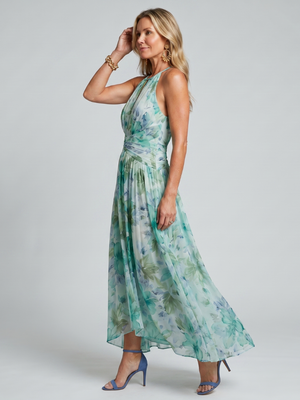 Vestido Noelia · Maxi floral plisado de cuello halter