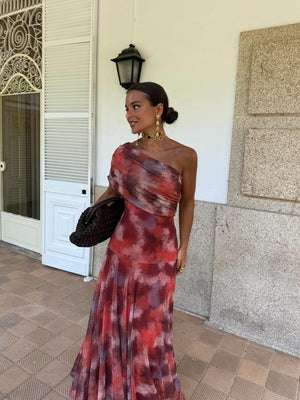 Vestido Soleá · Largo de hombros caídos en acuarela floral
