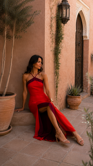 Vestido Sira · Largo halter con abertura