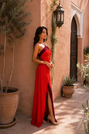 Vestido Sira · Largo halter con abertura