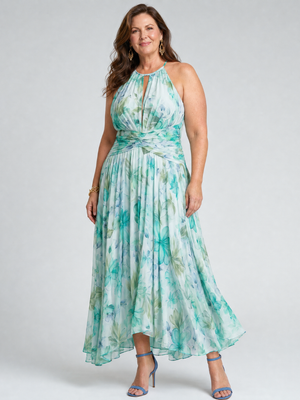 Vestido Noelia · Maxi floral plisado de cuello halter