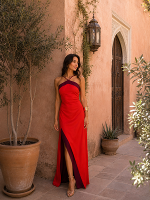Vestido Sira · Largo halter con abertura