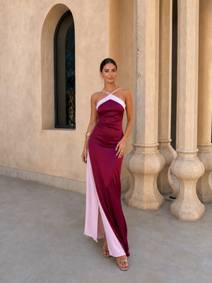 Vestido Elvira · Largo satinado de escote cruzado