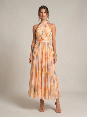 Vestido Lucena · Cuello halter con estampado de acuarela