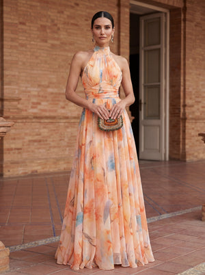 Vestido Lucena · Cuello halter con estampado de acuarela