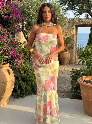 Vestido Aroha · Largo strapless en acuarela floral