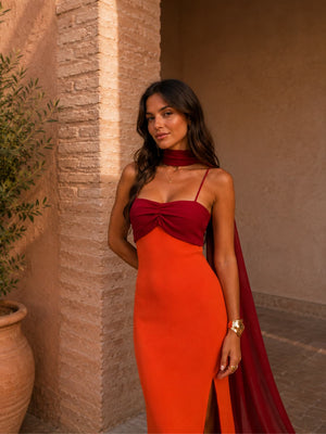 Vestido Rosalba · Largo drapeado bicolor