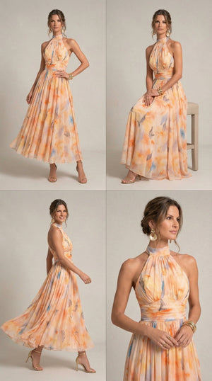 Vestido Lucena · Cuello halter con estampado de acuarela