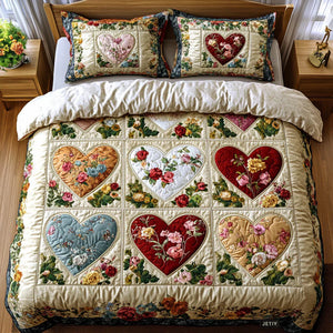 Colcha Acolchada 3 Piezas — Corazones Amorosos