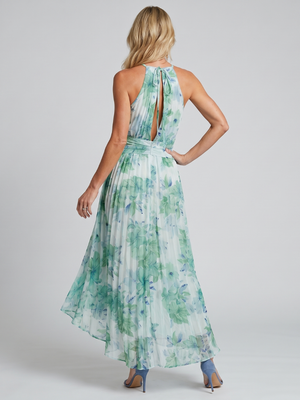 Vestido Noelia · Maxi floral plisado de cuello halter