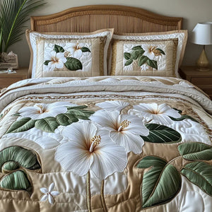 Colcha Acolchada 3 Piezas — Hibisco Blanco