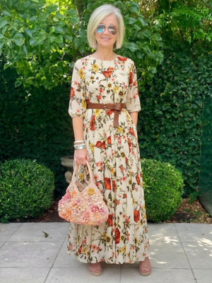 Vestido Fernanda · Maxi floral con cinturón
