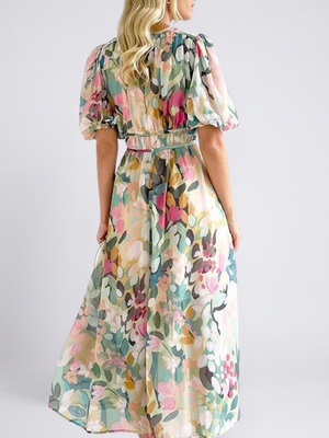 Vestido Olga · Midi floral de cintura fruncida