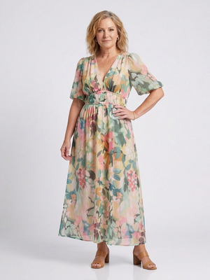 Vestido Olga · Midi floral de cintura fruncida