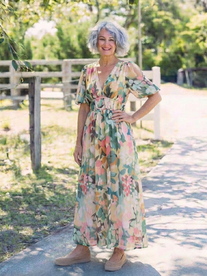 Vestido Olga · Midi floral de cintura fruncida