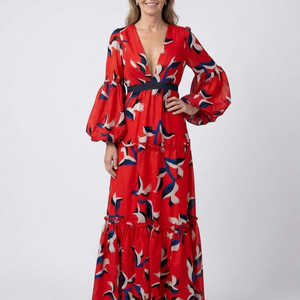 Vestido Rosario · Maxi de manga larga con cintura anudada