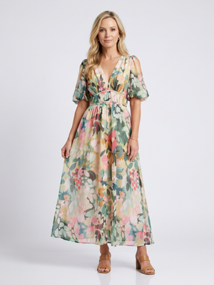 Vestido Olga · Midi floral de cintura fruncida