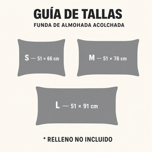 Guía de tallas — Funda de cojín acolchada (S 51x66, M 51x76, L 51x91 cm)