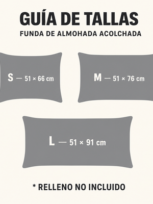 Guía de tallas — Funda de cojín acolchada (S 51x66, M 51x76, L 51x91 cm)