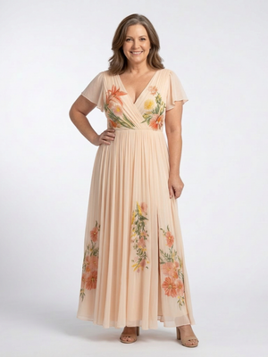 Vestido Araceli · Maxi floral plisado con escote en V
