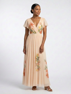 Vestido Araceli · Maxi floral plisado con escote en V
