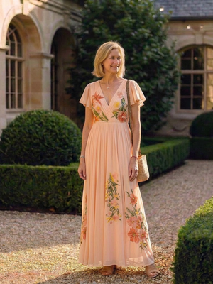 Vestido Araceli · Maxi floral plisado con escote en V