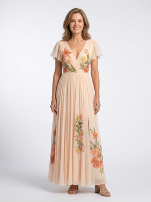 Vestido Araceli · Maxi floral plisado con escote en V